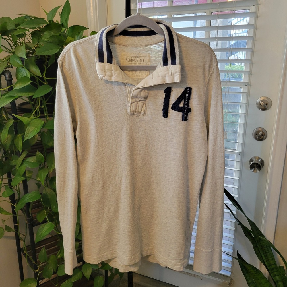 Aeropostale Mens Long Sleeve Rugby Shirt Gray Distressed 14 Applique Size M